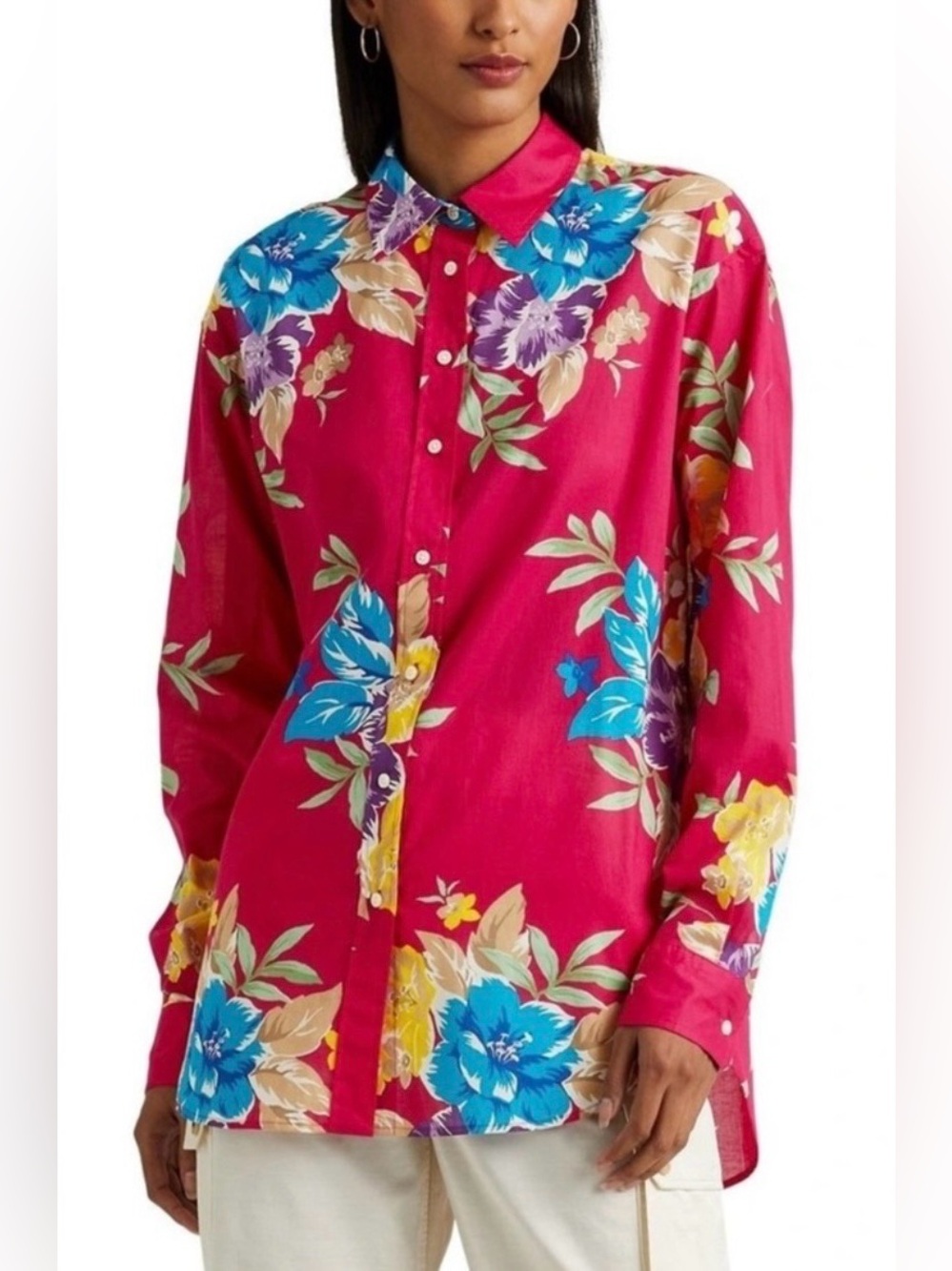 Lauren Ralph Lauren Tropical Floral Button Down Shirt XL Pink Cotton Tunic